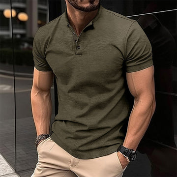 Wiaofellas Summer Vintage Henry T Shirts Men Leisure Solid Color Short Sleeve Button Slim Polo Tee For Mens Casual Slim Fit Tops Streetwear